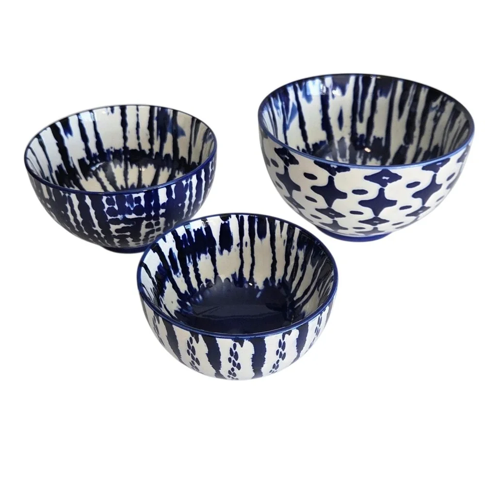 West Elm Indigo Tie Dye‎ Nesting Bowls Set of 3 Cobalt Blue & White Bowl Dish